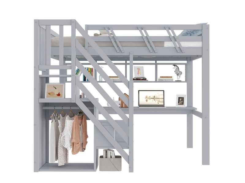 Lit mezzanine enfant 140x200 cm – gris – bureau, rangements et éclairage led intégré – sans matelas - Conforama A