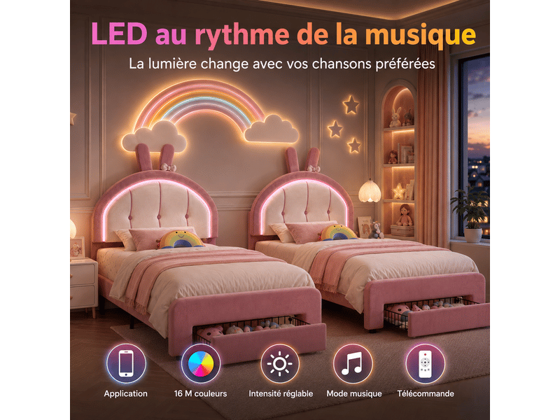  Lit enfant fille 90x200 avec tiroir - led rgb réglable - tête de lit avec oreilles de lapin - sommier - lit une place - velours rose  - Conforama D