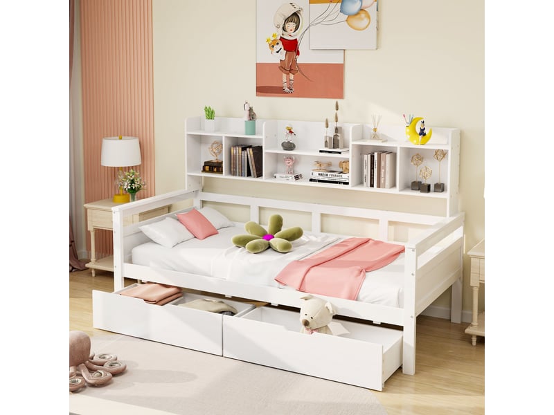  Lit 1 place 90x200cm, canapé lit avec compartiments, 2 tiroirs de rangement et sommier, mdf blanc, sans matelas  - Conforama C