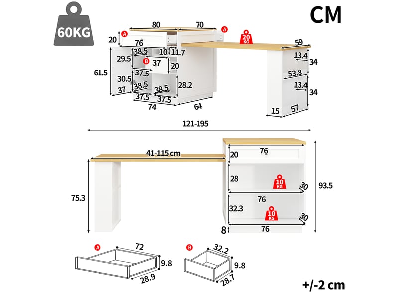  Îlot de cuisine extensible 121–195 x 70 x 93,5 cm avec table à manger coulissante, tiroirs, rangements et porte-bouteilles, blanc et effet bois  - Conforama D