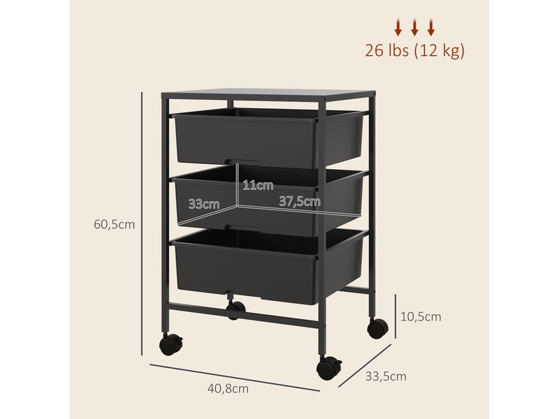 Table d'appoint à roulettes, 3 paniers de transport et de rangement, desserte de cuisine, 40,8 cm (l) x 33,5 cm (l) x 60,5 cm (h), noire - Conforama E