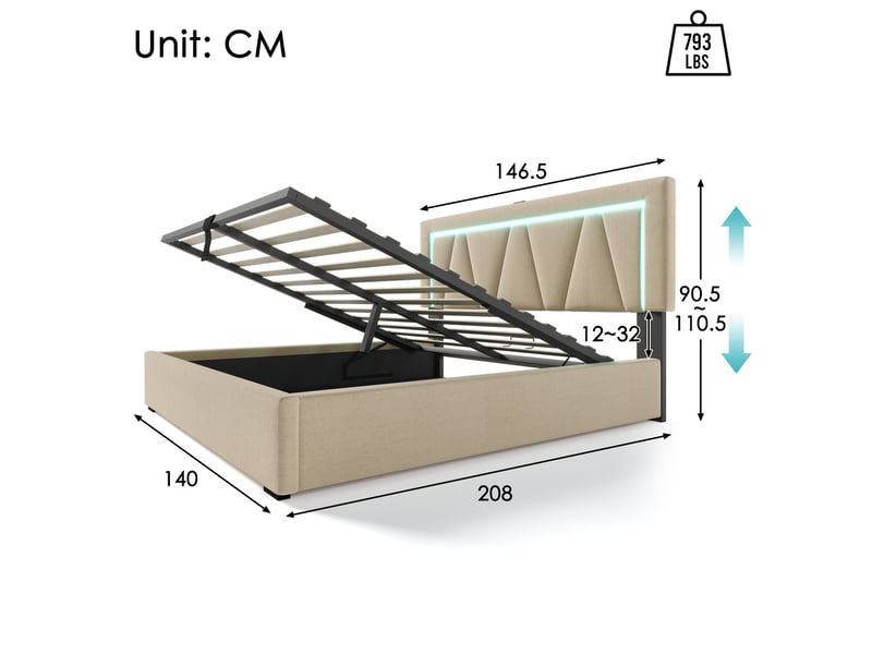  Lit capitonné double 140x200 cm en lin beige, tête ajustable, led, usb-c, coffre intégré et matelas fourni  - Conforama B