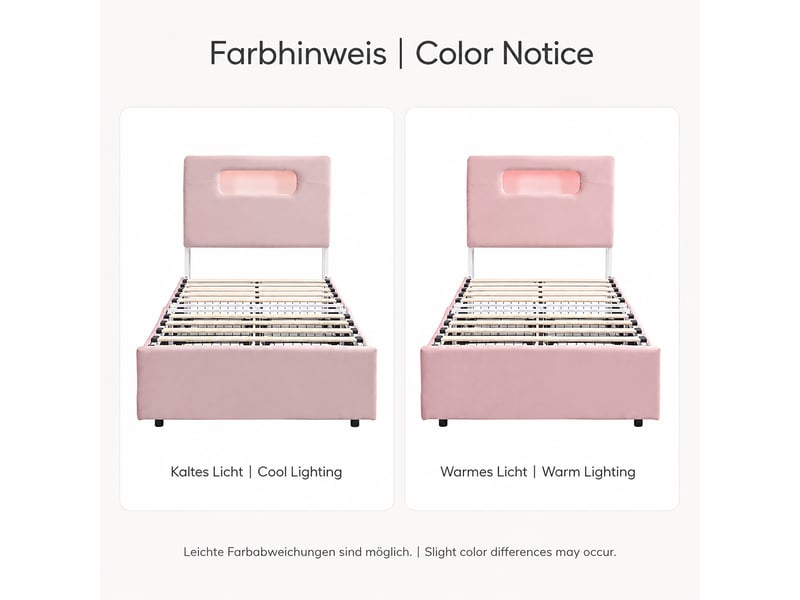  Lit enfant rose 90 × 200 cm en velours, rangement en tête de lit, charge maximale 220 kg, structure rembourrée  - Conforama E