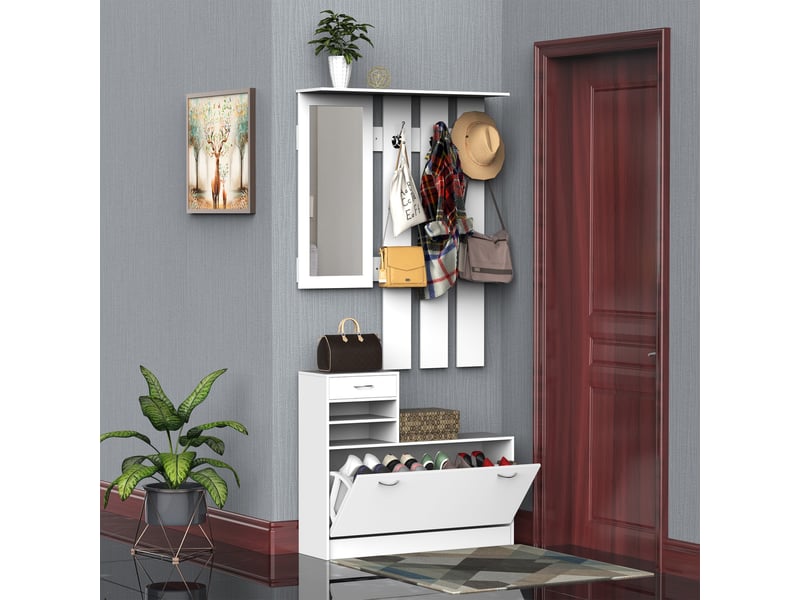  Ensemble entrée moderne avec rangement chaussures, miroir, porte-manteau 6 crochets, 2 étagères réglables, tiroirs bois, 90×24×166 cm, blanc  - Conforama C