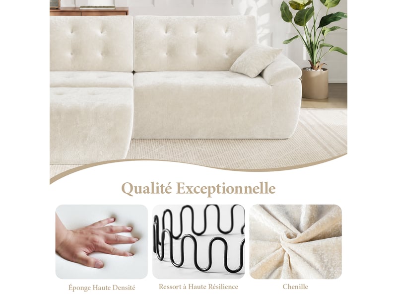 Canapé modulable en chenille beige mousse haute densité avec pouf,canapé salon 275cm style nuage confortable,compressé sans montage 275x174x66CM - Conforama C