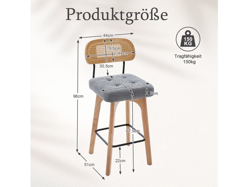  Lot de 2 tabourets de bar 44x51x96 cm gris en chenille, dossier en rotin et assise pivotante 360 degrés  - Conforama C