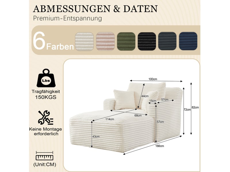  Méridienne convertible avec rembourrage confortable et usage relax ou couchage, en velours côtelé crème  - Conforama D