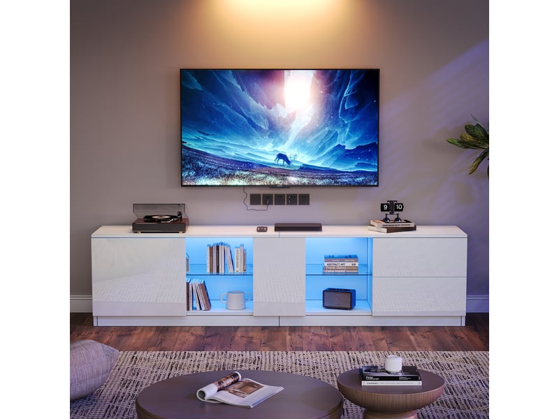 Meuble tv 160 cm avec led pour tv 65 pouces, banc tv bas, charge maximale 80 kg, blanc laqué - Conforama D