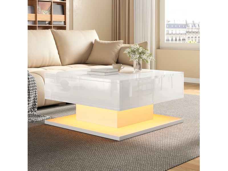  Table basse carré relevable 72x72x35 cm avec rangements finition brillant couleur blanc  - Conforama E