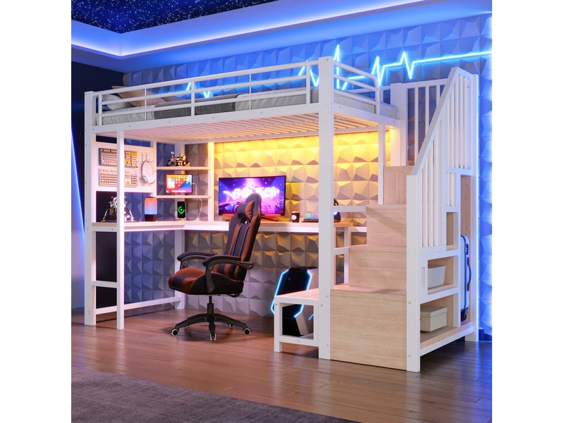  Lit mezzanine enfant 90 x 200 cm avec bureau, rangements, prises usb et usb-c, éclairage led, blanc  - Conforama C
