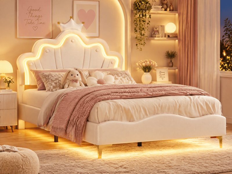 Lit double enfant 140x190 avec led, lit princesse fille avec tête de lits réglable et sommier à lattes, pu blanc - Conforama B
