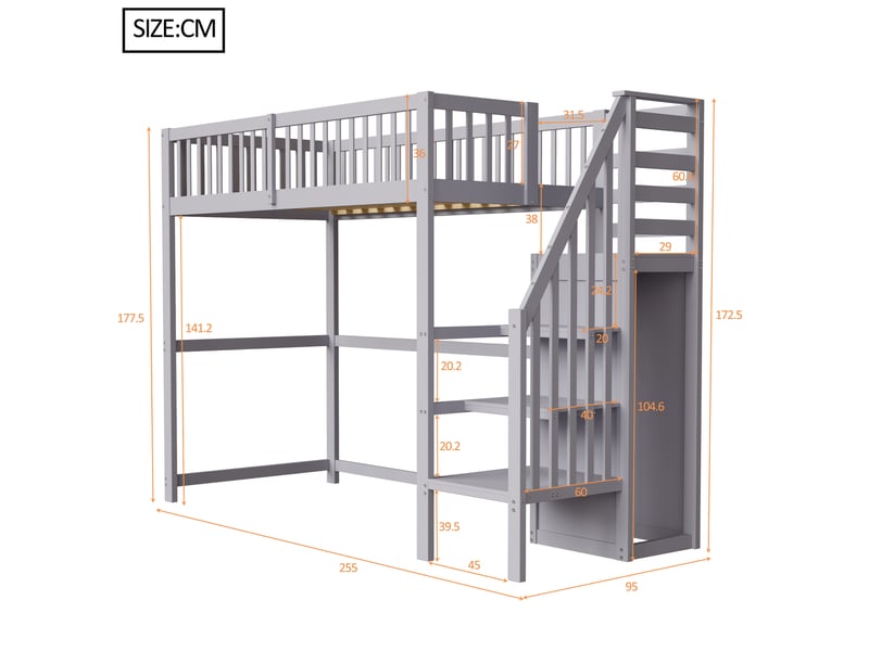  Lit mezzanine enfant 90x200 cm avec escalier et armoire de rangement gris  - Conforama E