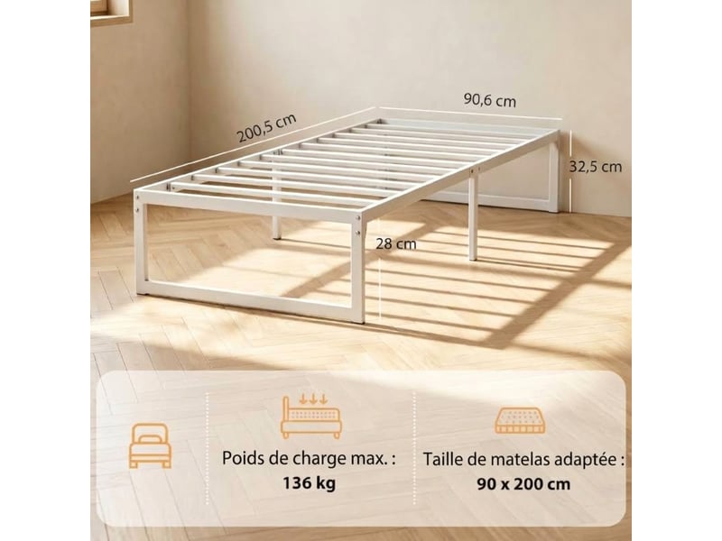  Cadre de lit 90x200 en métal blanc sans tête de lit - montage facile, espace de rangement 28 cm  - Conforama C