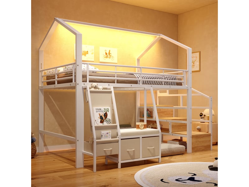 Lit mezzanine 140x200 cm en métal avec rangements en tissu, tiroirs, placards intégrés à l’échelle et éclairage led, avec tiroirs de rangement - blanc - Conforama D