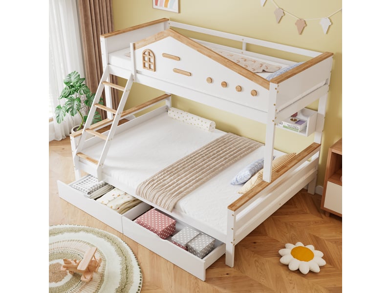  Lit superposé 90x200cm&amp;140x200cm, avec fenêtre, échelle oblique, deux tiroirs et rangement ouvert, blanc et naturel  - Conforama C