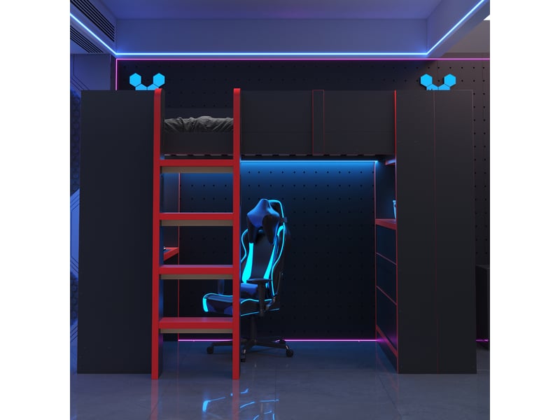  Lit mezzanine enfant 90 x 200 cm avec bureau, rangements, prises et éclairage led, noir et rouge  - Conforama D