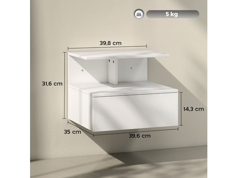 Table de chevet murale avec tiroir et niche ouverte, rangement suspendu style minimaliste pour chambre, bois blanc - Conforama E