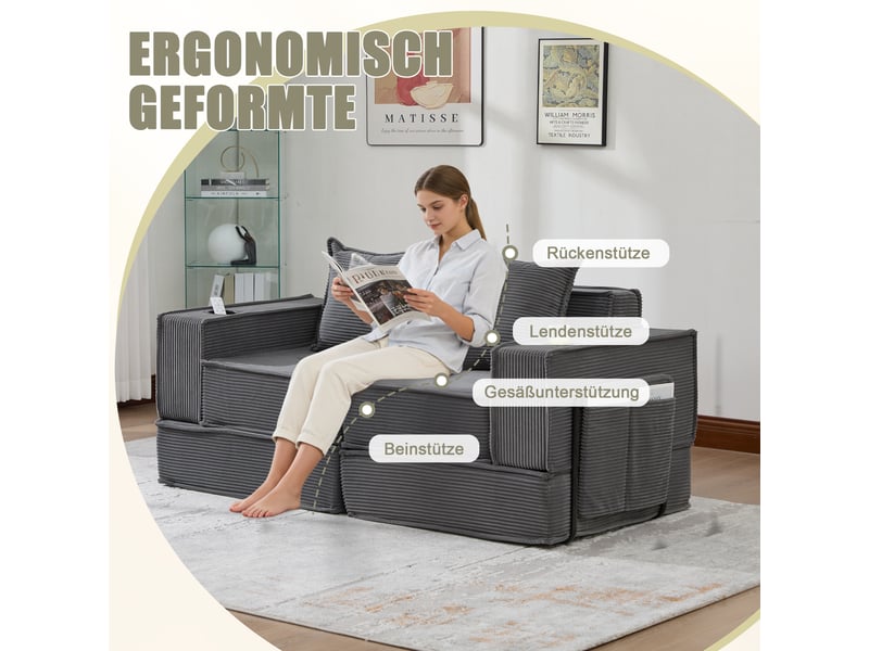  Canapé convertible, canapé-lit – avec pouf, 2 places, avec rangement, en tissu, porte-gobelets  - Conforama A