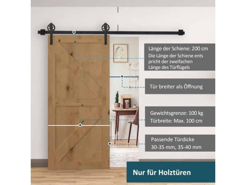 Kit de ferrure pour porte coulissante 200 cm en acier carbone noir avec rail, roulettes, butées, guide au sol et vis, système complet intérieur - Conforama B
