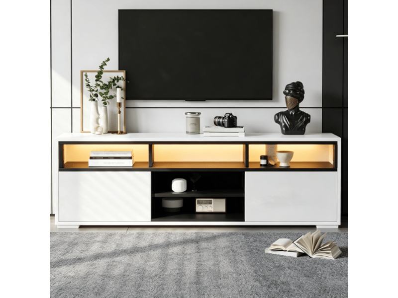 Meuble tv led 150×35×50 cm – mélaminé brillant, lowboard moderne, 2 portes, 8 rangements, petit salon - Conforama B