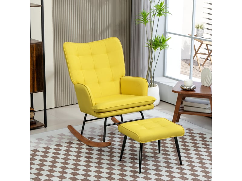  Fauteuil à bascule avec repose-pieds, design scandinave, bois de hêtre, matelassé, 64 cm x 89 cm x 90 cm, jaune  - Conforama C