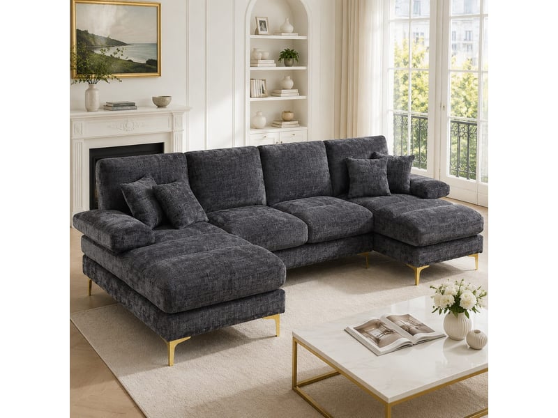  Canapé en u en chenille grise, 4 places, 2 assises relax, piètement métal doré HFSN-772GY - Conforama E