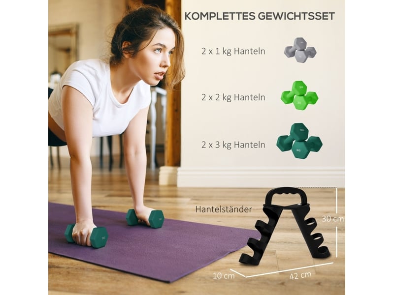 Set d'haltères hexagonaux 6 pièces de 1 à 3 kg – gris – support de rangement transformable en kettlebell - Conforama D