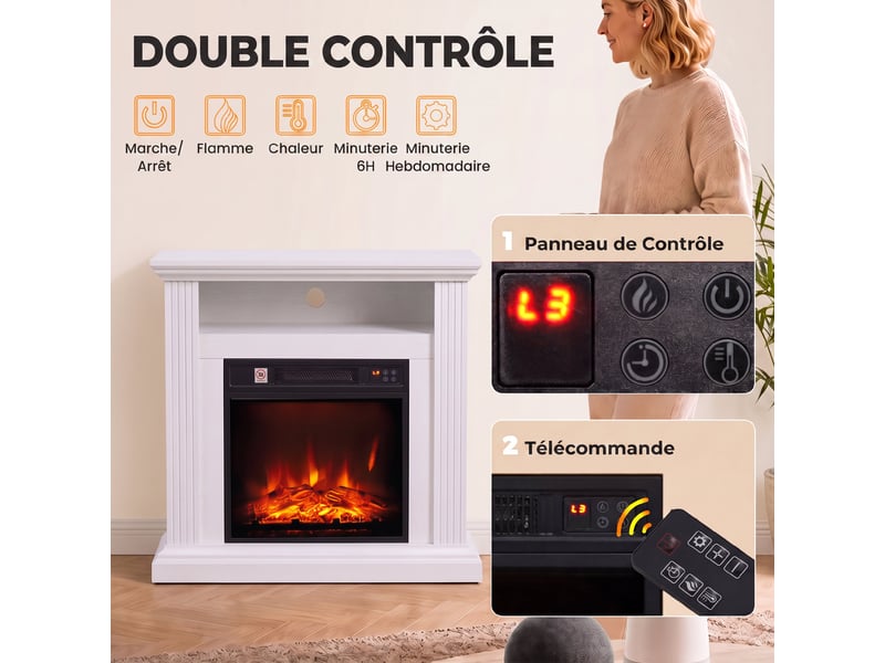  Cheminée électrique 1800 w, effet flamme à 3 niveaux de luminosité, fausse cheminée avec manteau, effet bois blanc  - Conforama E