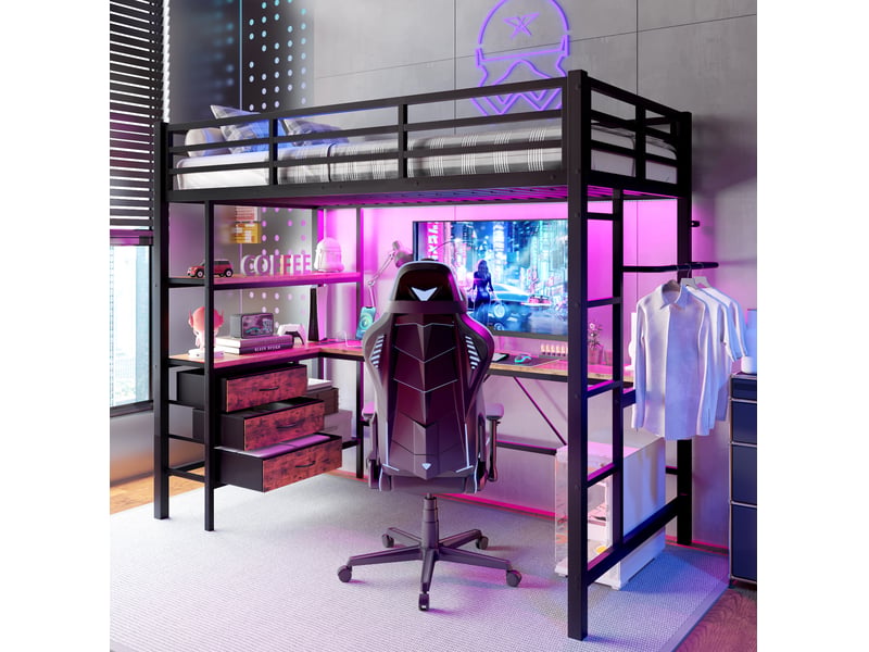  Lit mezzanine 90x200 cm, 3 tiroirs, espace de rangement, bureau avec prise et usb, avec éclairage led ambiant, métal mdf, noir, sans matelas  - Conforama B