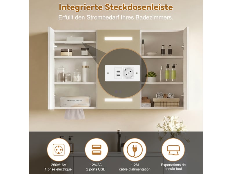  Armoire murale de salle de bain - 100x60cm - miroir led antibuée 3 couleurs avec prise eu et distributeur de mouchoirs - blanc  - Conforama D