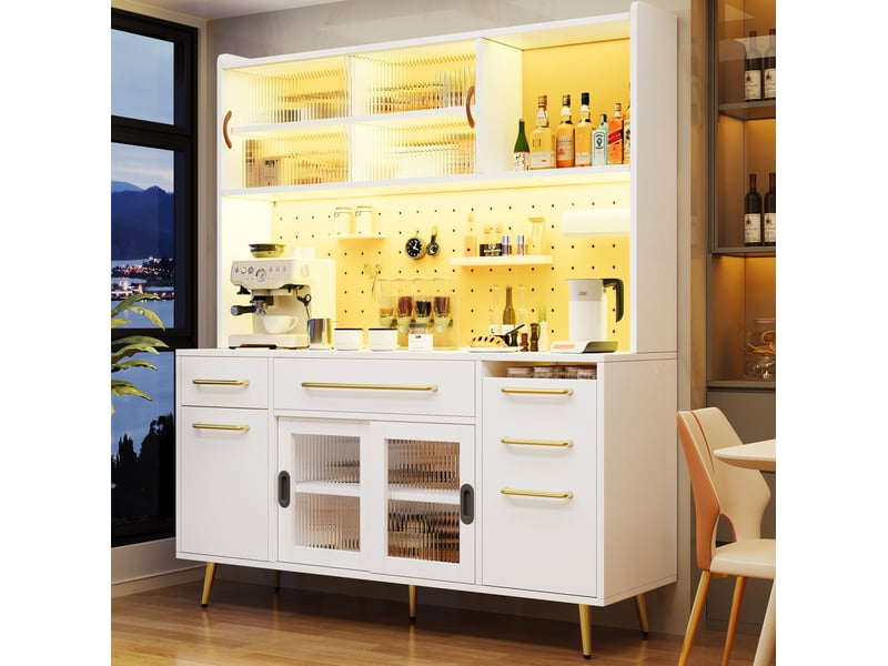  Meuble buffet rangement cuisine led portes coulissantes tiroirs 145 cm blanc verre homvra  - Conforama B