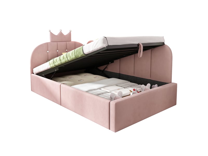  Lit simple rembourré 90 x 200 cm, canapé-lit avec hydraulique rangement, lit enfant avec couronne, sommier à lattes, velours rose  - Conforama A
