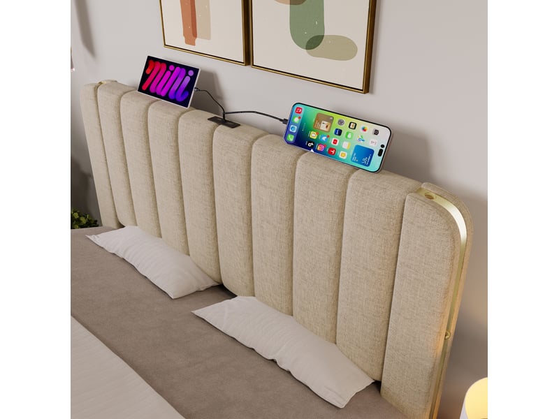  Lit double 160x200 cm beige en lin, 4 tiroirs, tête de lit avec usb type-c et rangement intégré  - Conforama E