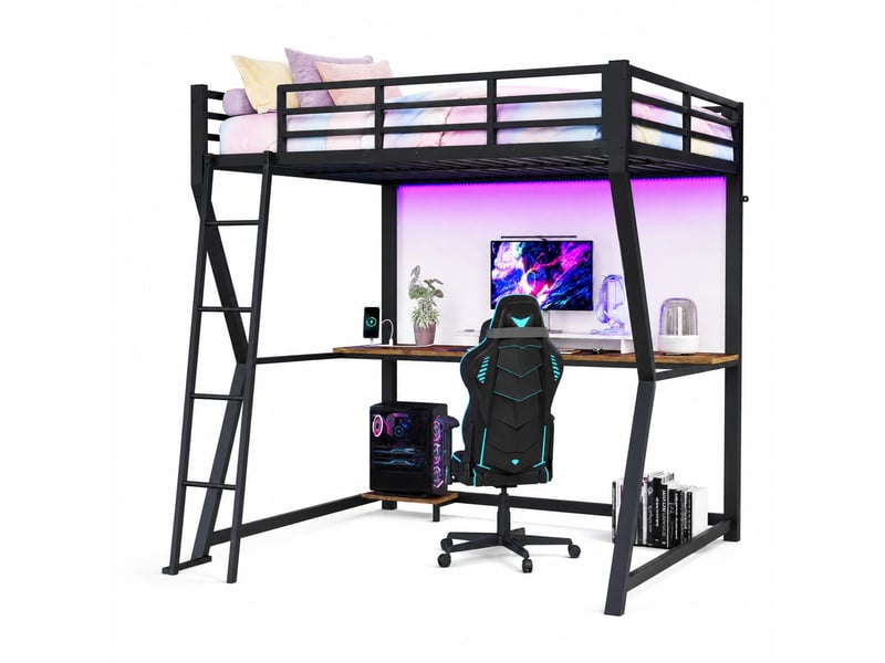  Lit mezzanine 200×140 cm avec bureau, éclairage led, prises et ports usb, sans matelas, en métal noir  - Conforama A