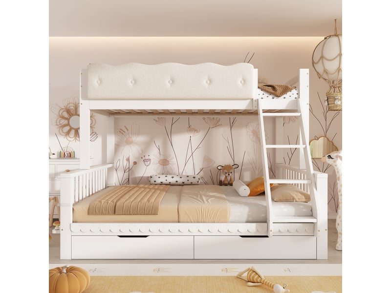  Lit superposé pour enfants 90 x 200 140 x 200 cm, avec barrières de sécurité en forme de nuages, tiroirs et porte-revues, blanc  - Conforama B