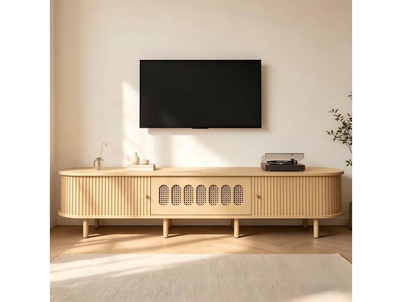  Meuble tv bas ovale avec 1 porte abattante, 2 portes roulantes et 5 niches de rangement pour salon, 180 × 40 × 40 cm  - Conforama C