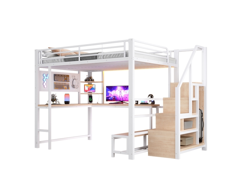  Lit mezzanine 140x200 cm avec bureau, led et rangements coloris blanc  - Conforama A