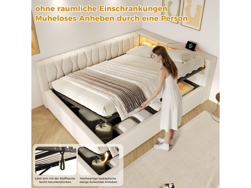  Lit banquette 140x200cm, beige, sans matelas, relevage hydraulique, pour chambre moderne et pratique  - Conforama E