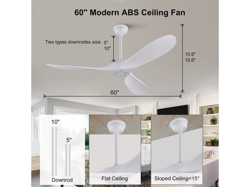  Ventilateur de plafond 152 cm sans éclairage 3 pales abs blanc réversible télécommande silencieux minuterie et mémoire  - Conforama E