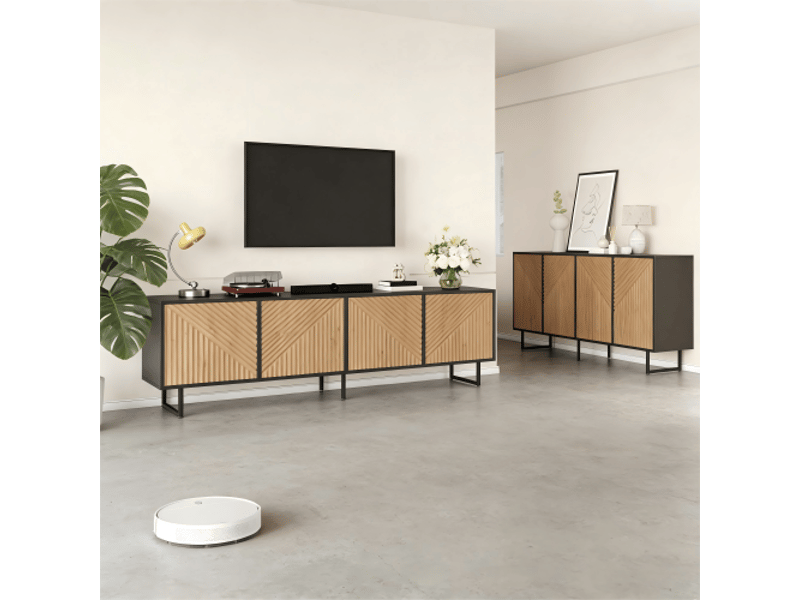  Ensemble de meuble tv et buffet naturel 180x40x50 cm et 160x40x75 cm, 4 portes, accents noirs  - Conforama C
