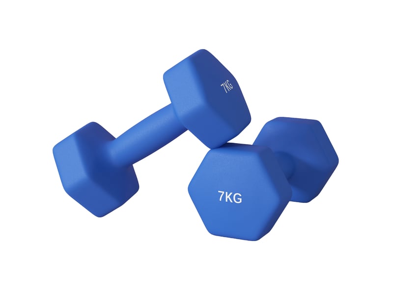 Lot de 2 haltères hexagonales, 2 x 7 kg, métal et plastique, avec poignée antidérapante, 22,5 x 10,5 x 10,5 cm, bleues - Conforama B