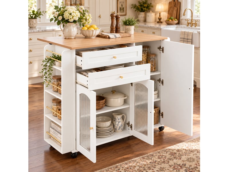  Îlot de cuisine mobile 110x70x99 cm avec plateau rabattable blanc et naturel  - Conforama B