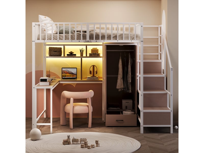  Lit enfant 140x200 cm avec éclairage led, lit mezzanine, lit double avec bureau et tiroirs, lit 2 personnes, blanc  - Conforama C