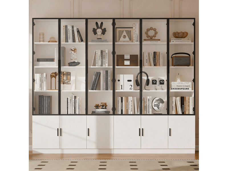Vitrine haute 240x32x200 cm blanche avec 12 portes en verre et éclairage led - Conforama E