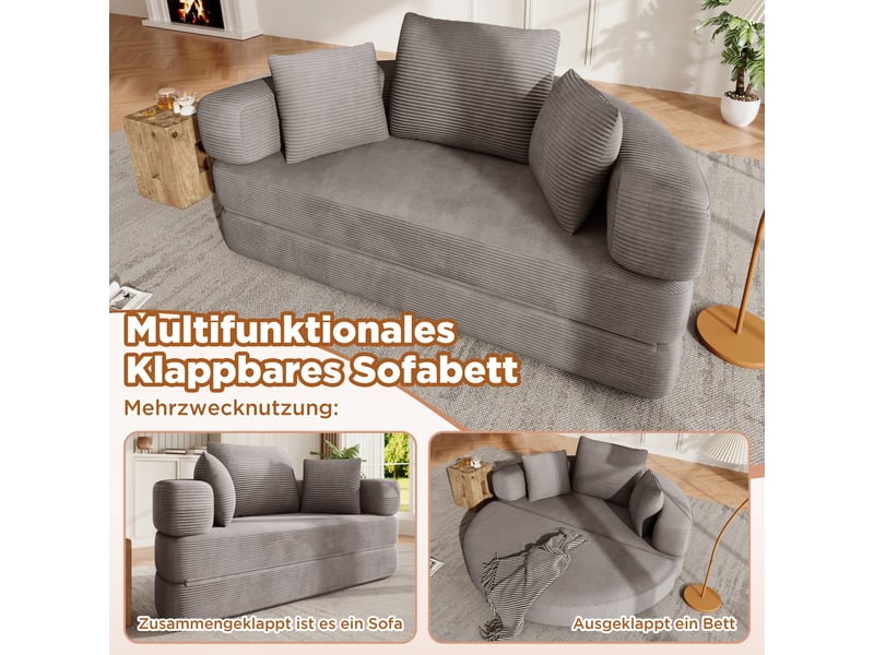  Canapé convertible 2 places en velours côtelé, 2-en-1, lit ovale 173×176 cm, sans montage, 3 coussins inclus  - Conforama E