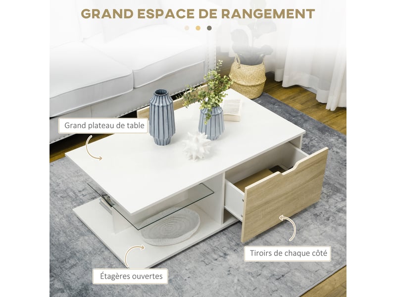  Table basse rectangulaire design contemporain 2 tiroirs 2 niches étagère verre trempé panneaux blanc aspect chêne clair  - Conforama D