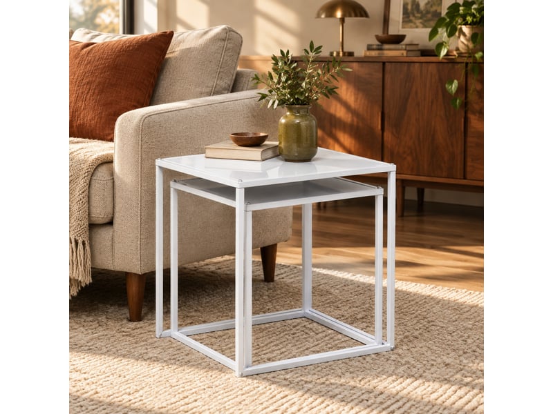  Lot de 2 tables basses carrées modulables - lpospi - structure stable en acier pour salon - blanc  - Conforama B