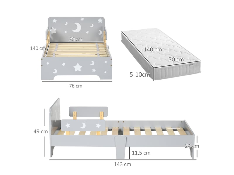  Lit pour enfants de 3 à 6 ans design étoiles et lune sommier à lattes inclus chambre moderne gris 143 x 76 x 49 cm  - Conforama C