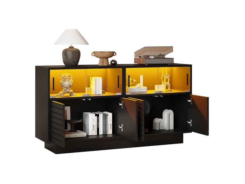  Buffet bas noir avec led, 4 portes vitrées coulissantes – 130 x 35 x 68 cm  - Conforama A