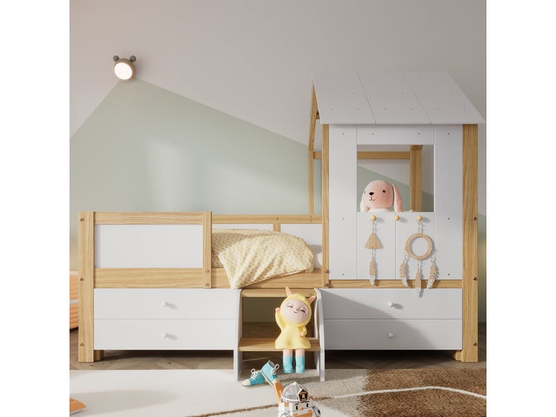 Lit cabane enfant 90x200 cm en pin blanc et naturel avec rangements et échelle - Conforama B
